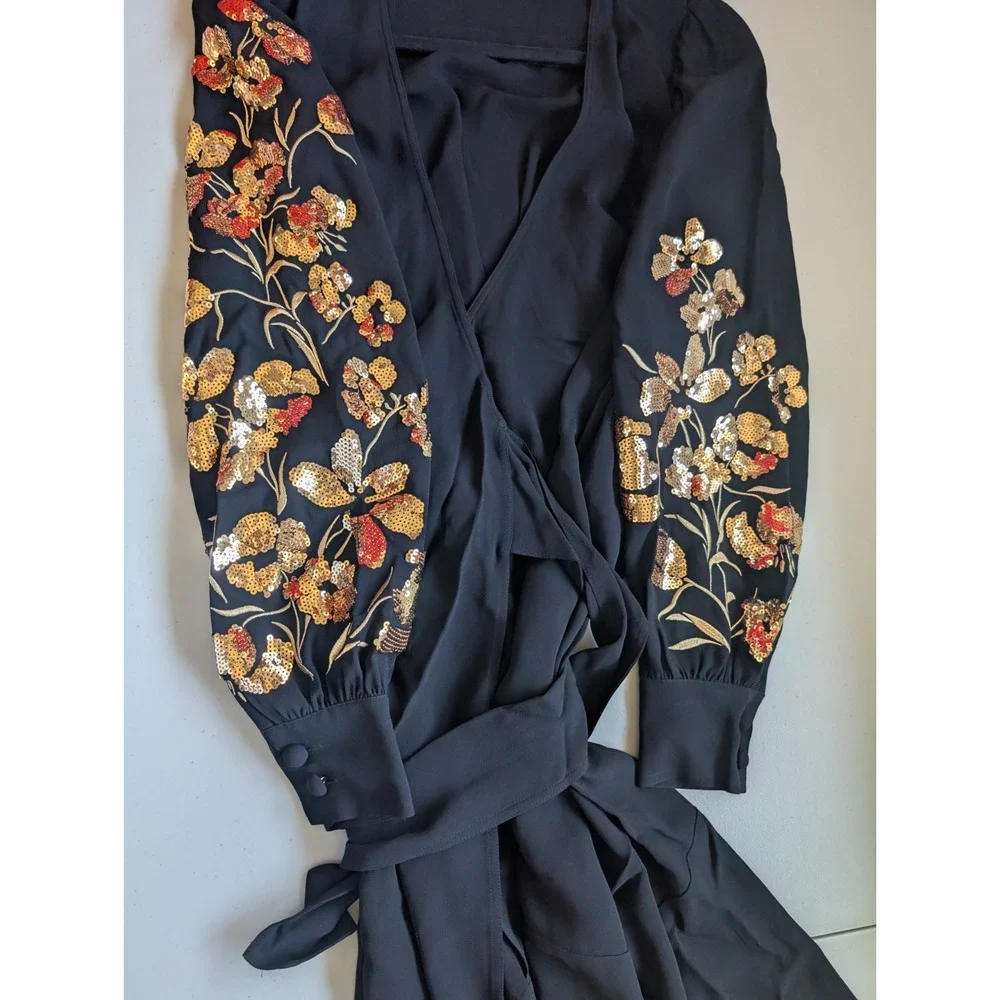 Defect Tory Burch EMBROIDERED WRAP Midi DRESS Sz 2 Golden Sequins Black #2A458